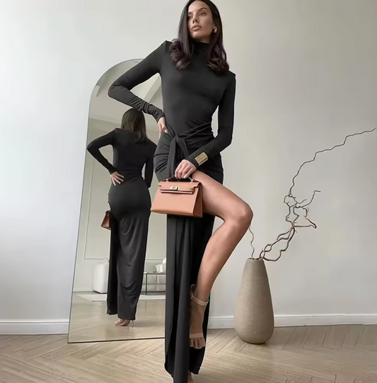 Abito Lungo Fasciatura con Spacco Alto - Dolcevita Nero Elegante